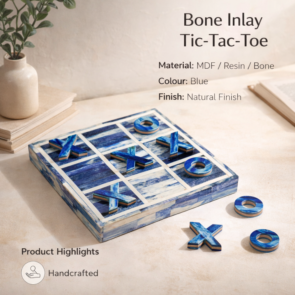 Handcrafted Blue Bone Inlay Tic Tac Toe Game Decor Set