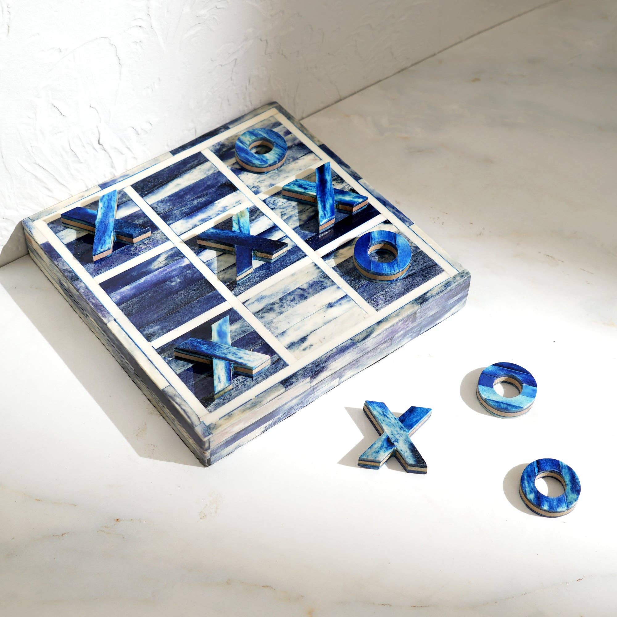Handcrafted Blue Bone Inlay Tic Tac Toe Game Decor Set
