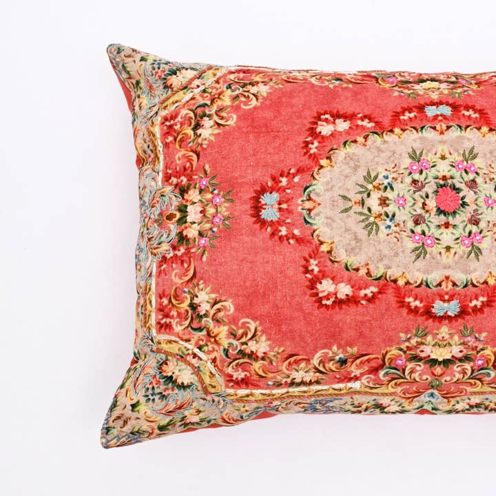 Floral Printed & Embroidered Cotton Lumbar Cushion- 40x60 cm