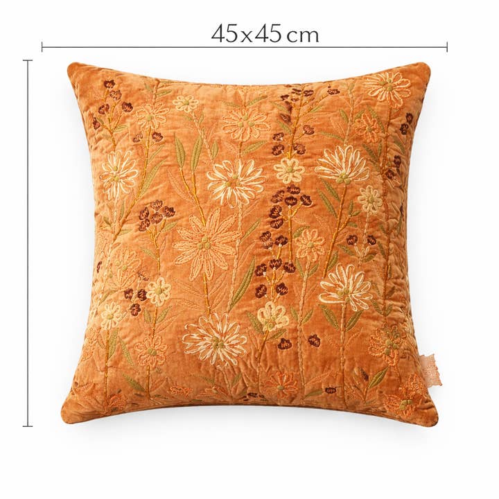 Peach Floral Embroidered Cotton Velvet Cushion 45x45 cm
