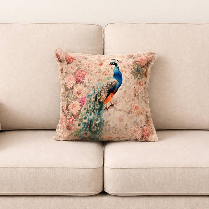 Cotton Cushion- Elina Peacock Floral Design- 45x45 cm