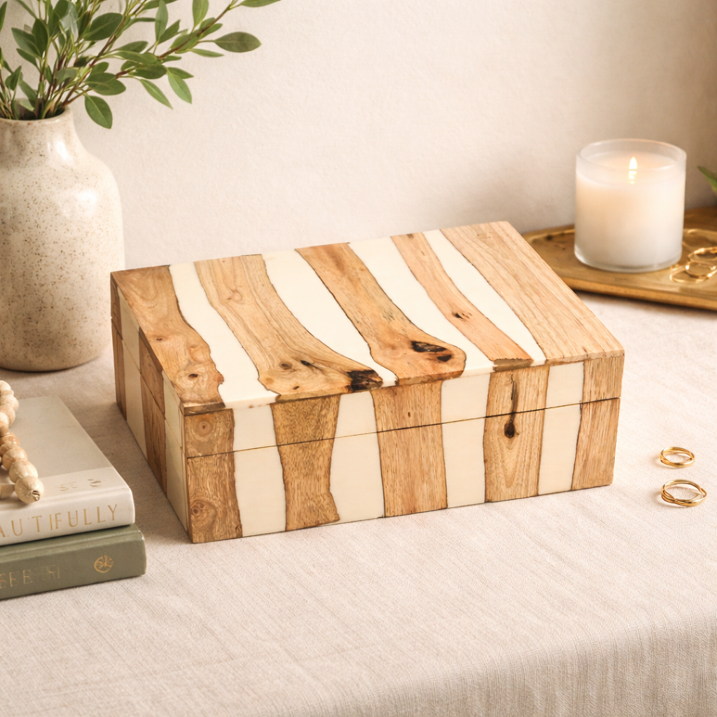 Handcrafted White Striped Wooden Box Brown Natural Finish