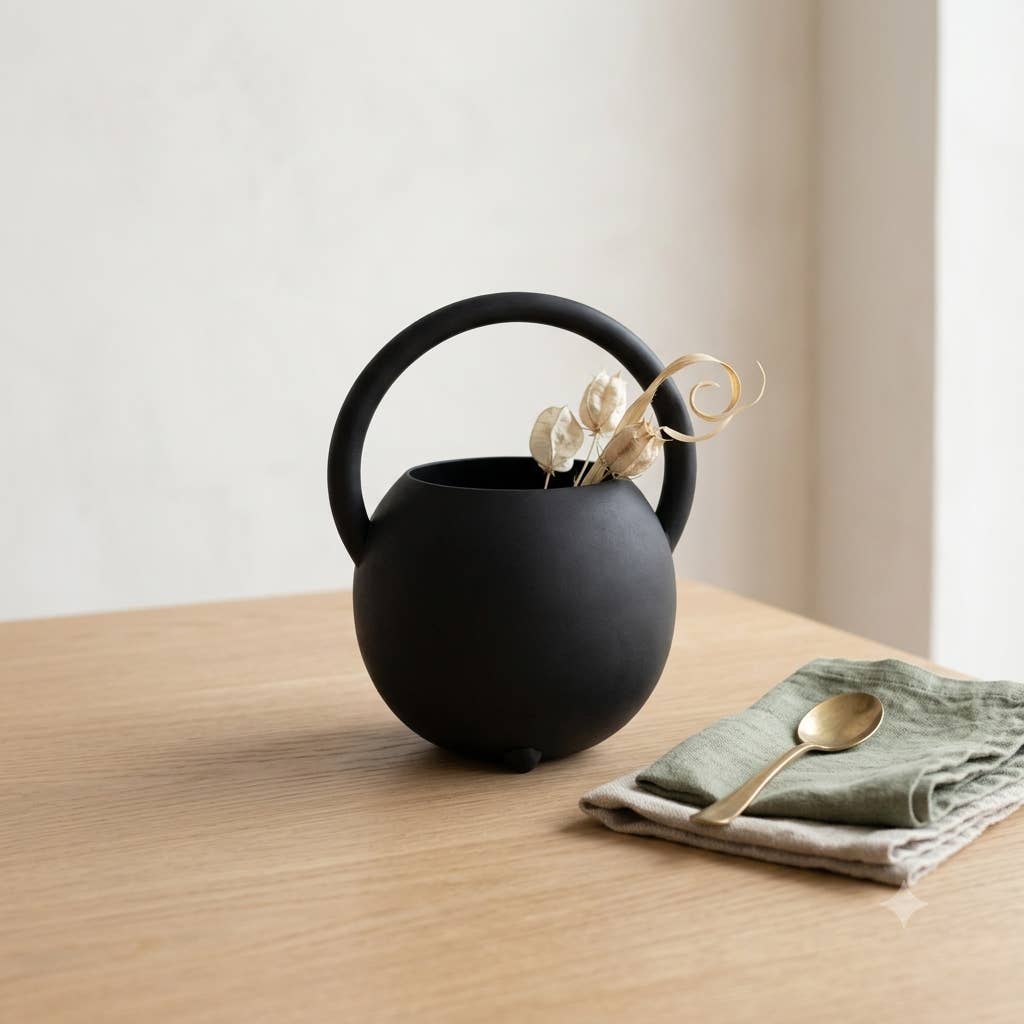 Modern Black Iron Vase | Decorative Handle Tabletop Accent