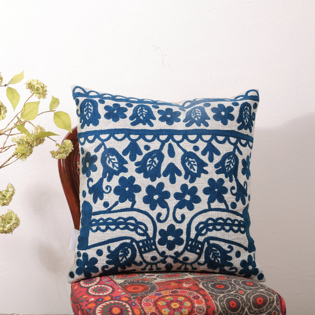 Blue Embroidered Cotton Cushion with Filler 45x45cm