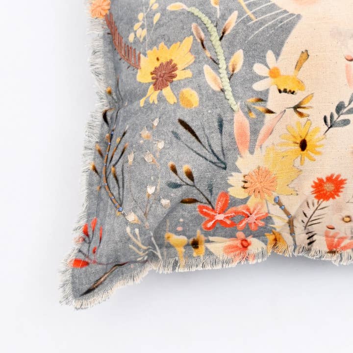 Embroidered Cotton Cushion- Rabbit Floral Design- 45x45 cm