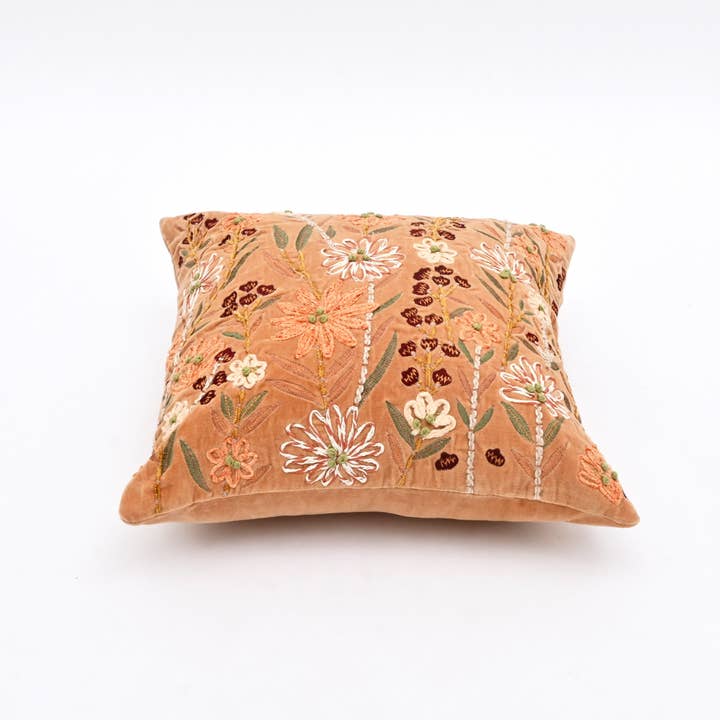 Peach Floral Embroidered Cotton Velvet Cushion 45x45 cm