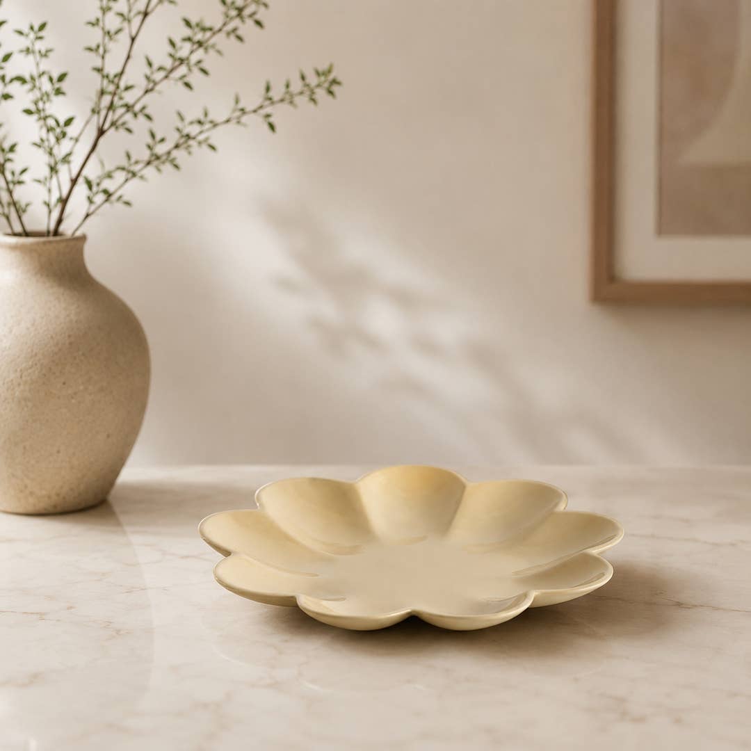 Modern Aluminium Decorative Tray | Beige Flower Centerpiece