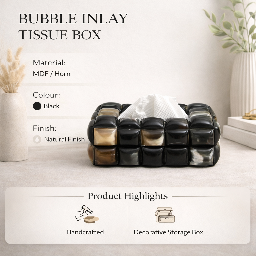 Handcrafted Black Horn Inlay Bubble Tissue Box Cover Decor