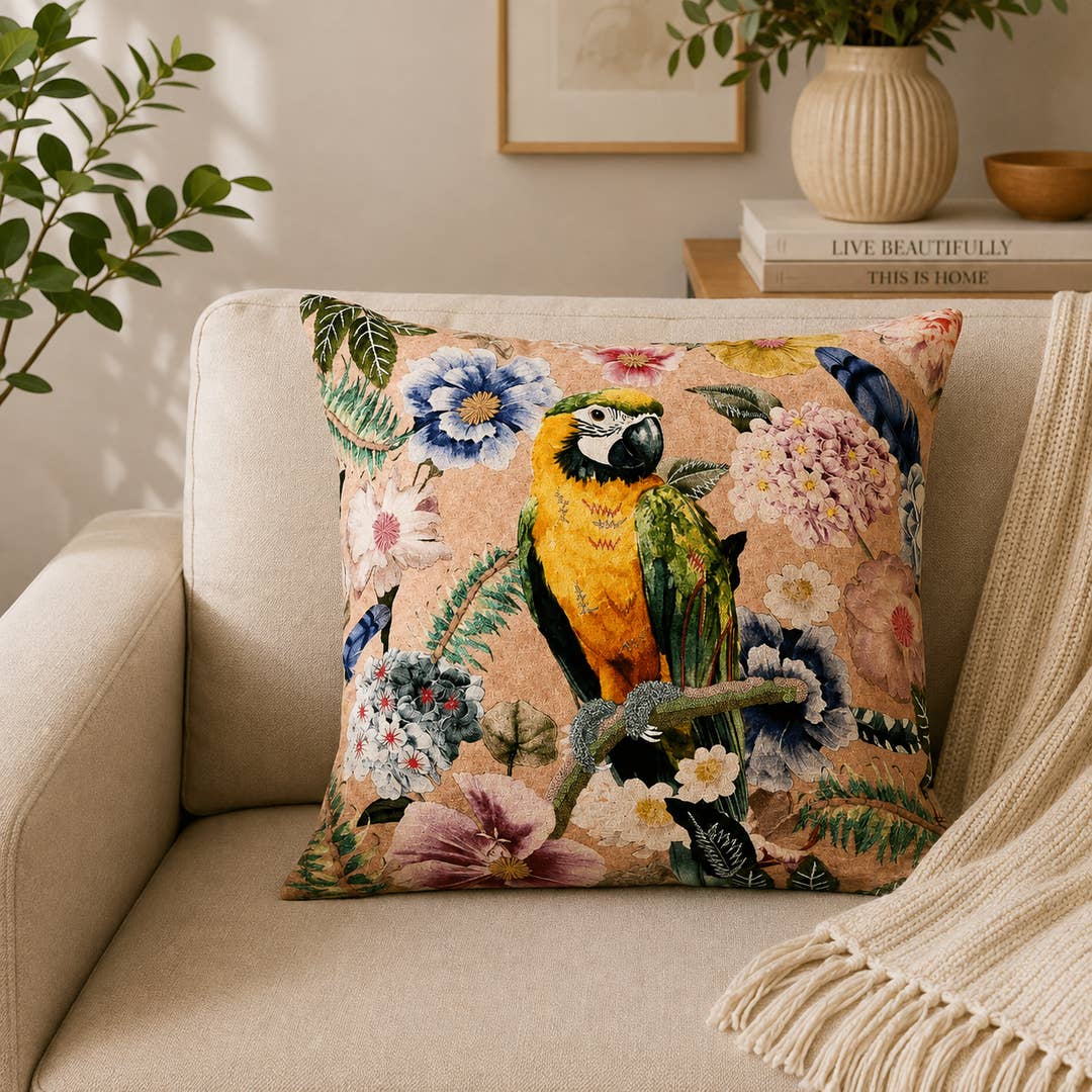 Tropical Parrot Floral Cushion- Cotton Embroidered 45x45cm
