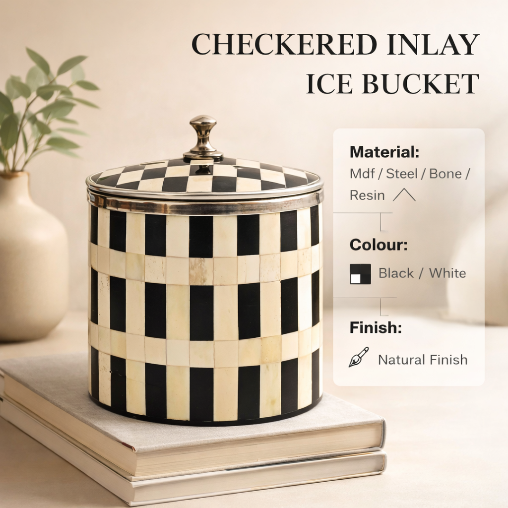Handcrafted Bone Inlay Checkered Ice Bucket with Lid White