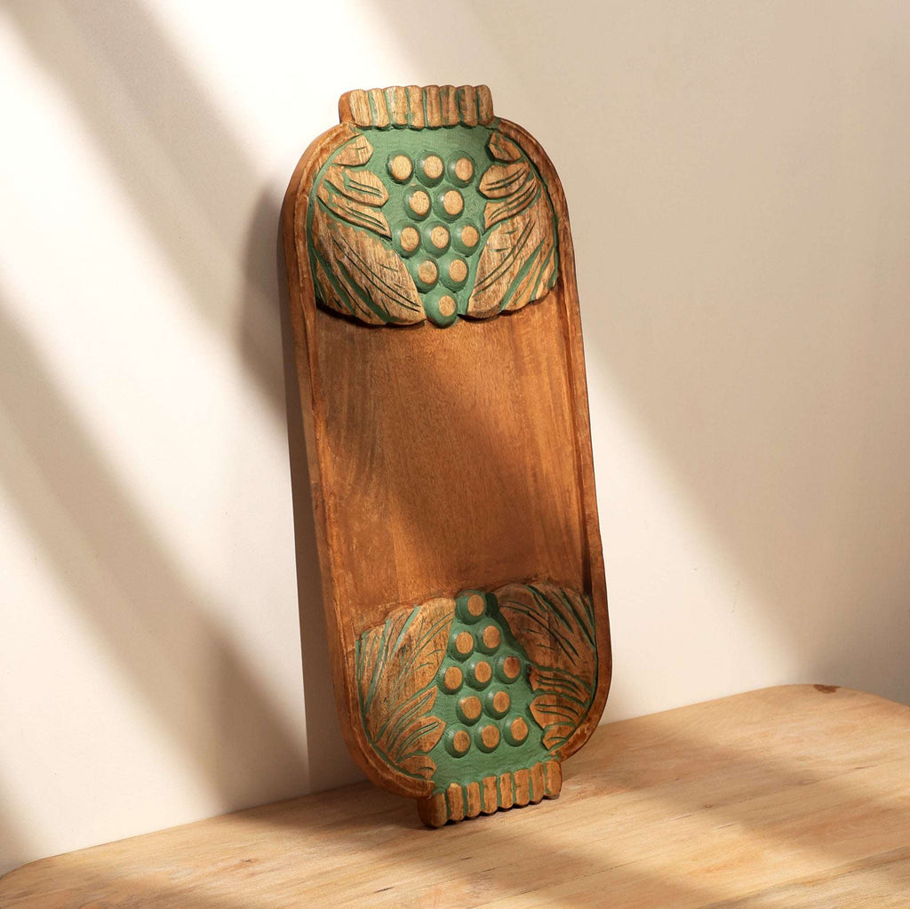 Green Wash Carved Grapes Wooden Serving Board