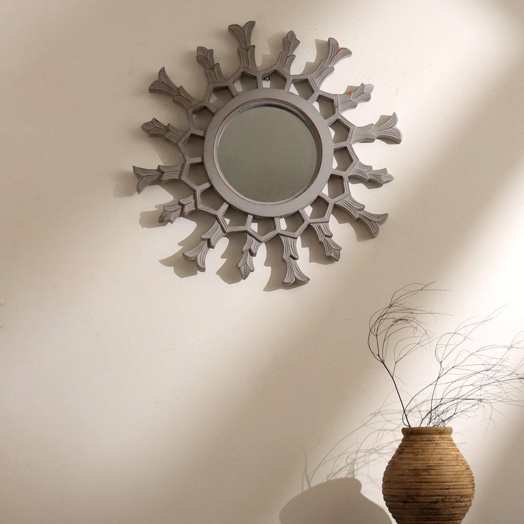 Metallic Wooden Sunburst Wall Mirror