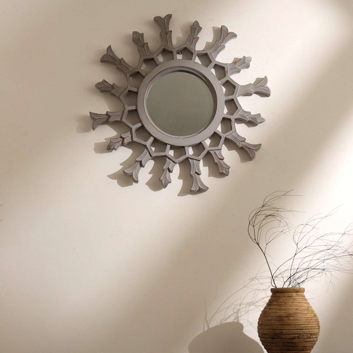 Metallic Wooden Sunburst Wall Mirror