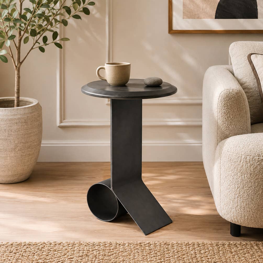 Modern Iron Side Table | Black Round Accent End Table