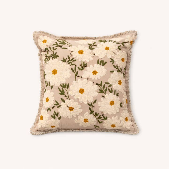 Embroidered Cotton Cushion- Flora Daisy Design- 45x45 cm