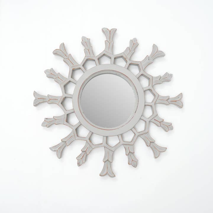 Hand-Carved Metallic Wood Sunburst Wall Mirror