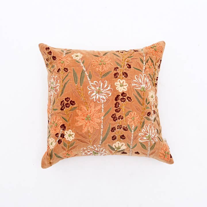 Peach Floral Embroidered Cotton Velvet Cushion 45x45 cm