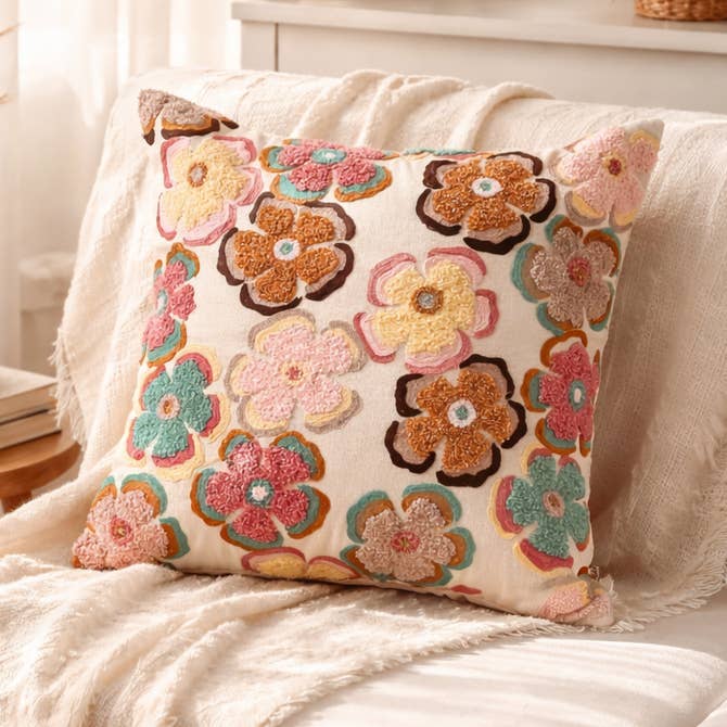 Printed Cotton Cushion- Retro Floral Design- 45x45 cm