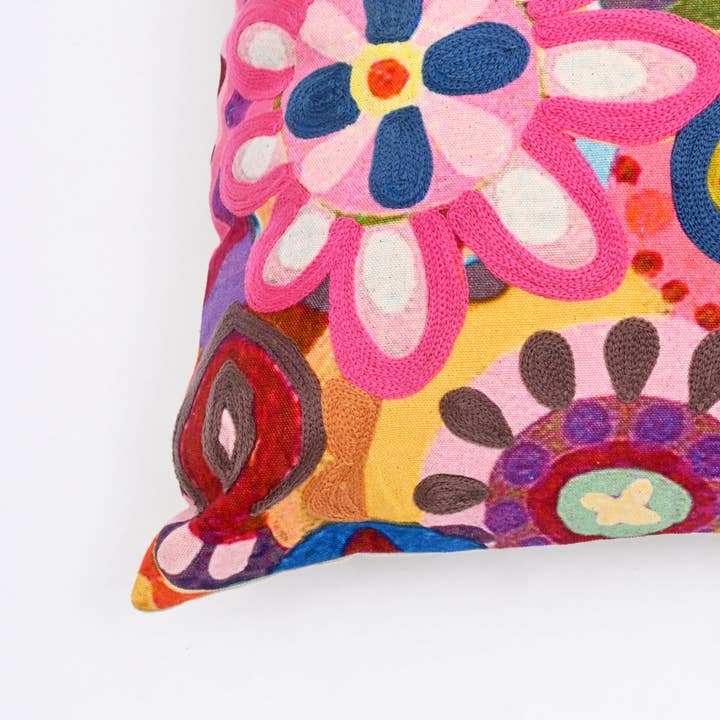 Embroidered Cotton Cushion- Abstract Floral Design- 45x45 cm