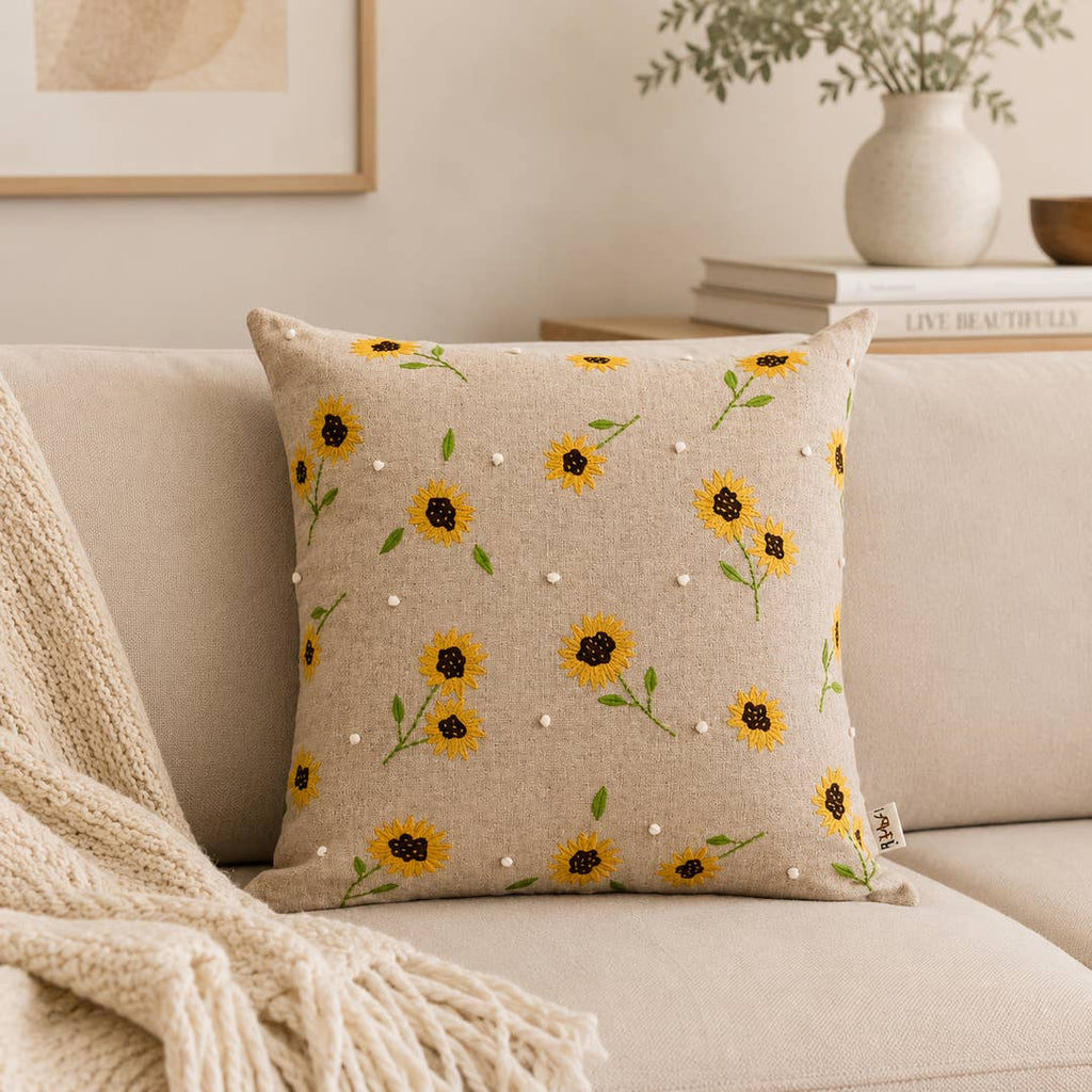 Embroidered Cotton Cushion- Sunflower Design- 45x45 cm