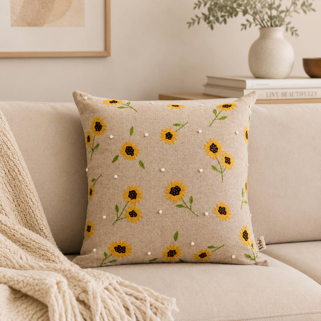 Embroidered Cotton Cushion- Sunflower Design- 45x45 cm