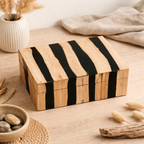 Handcrafted Black Striped Wooden Box Natural Brown Decor