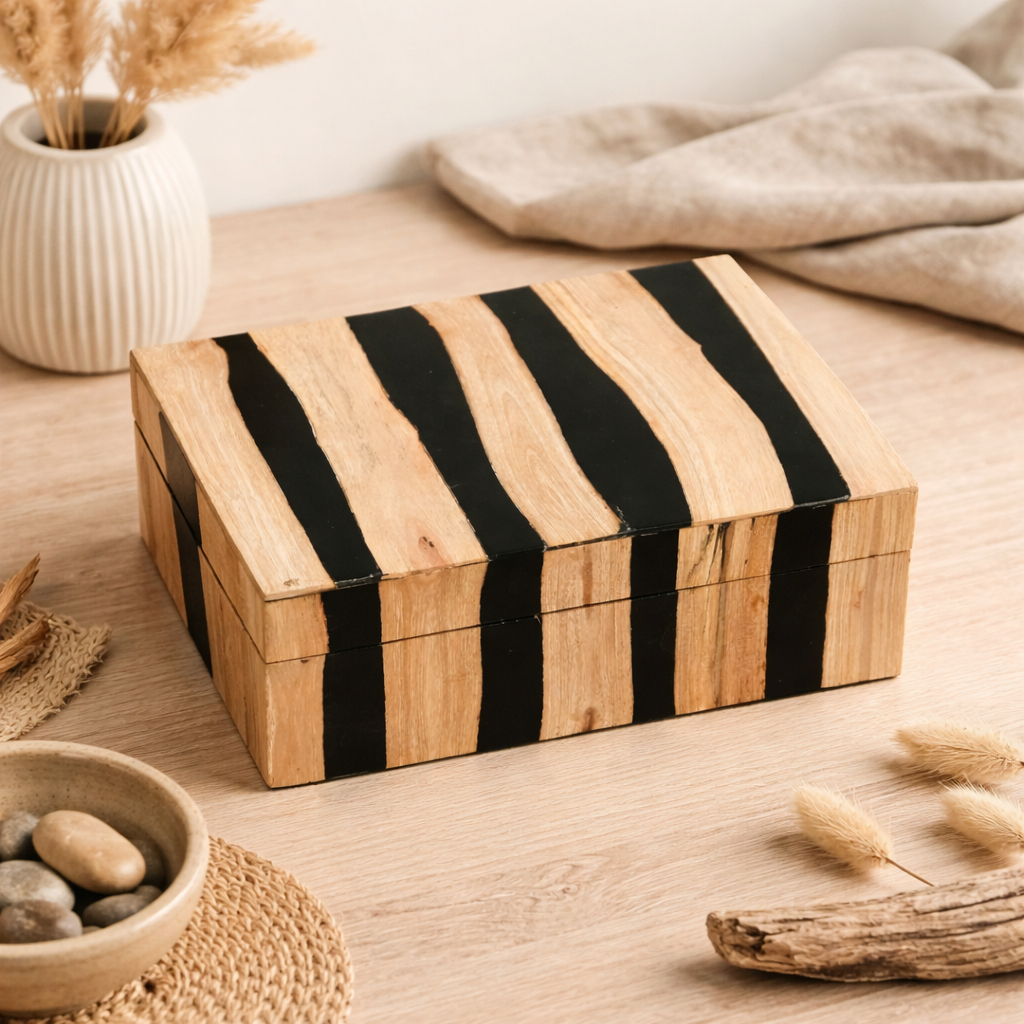 Handcrafted Black Striped Wooden Box Natural Brown Decor