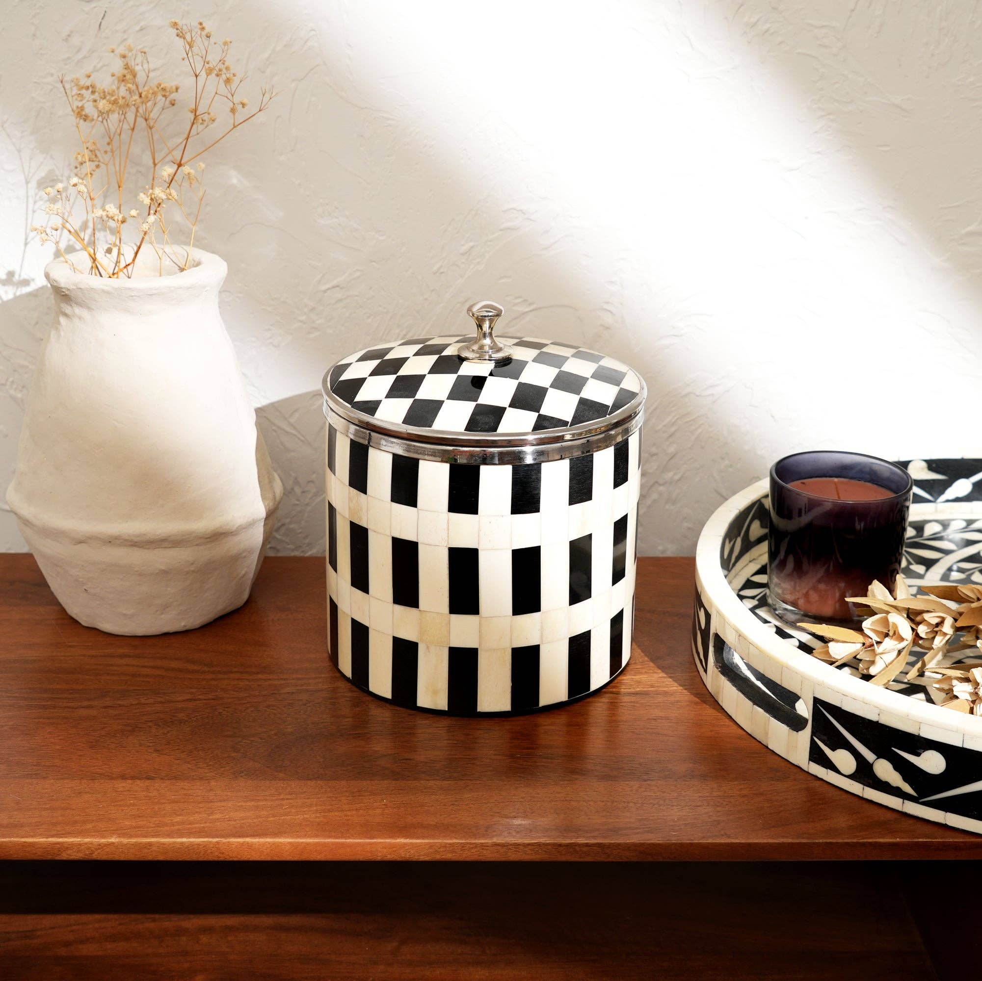 Handcrafted Bone Inlay Checkered Ice Bucket with Lid White
