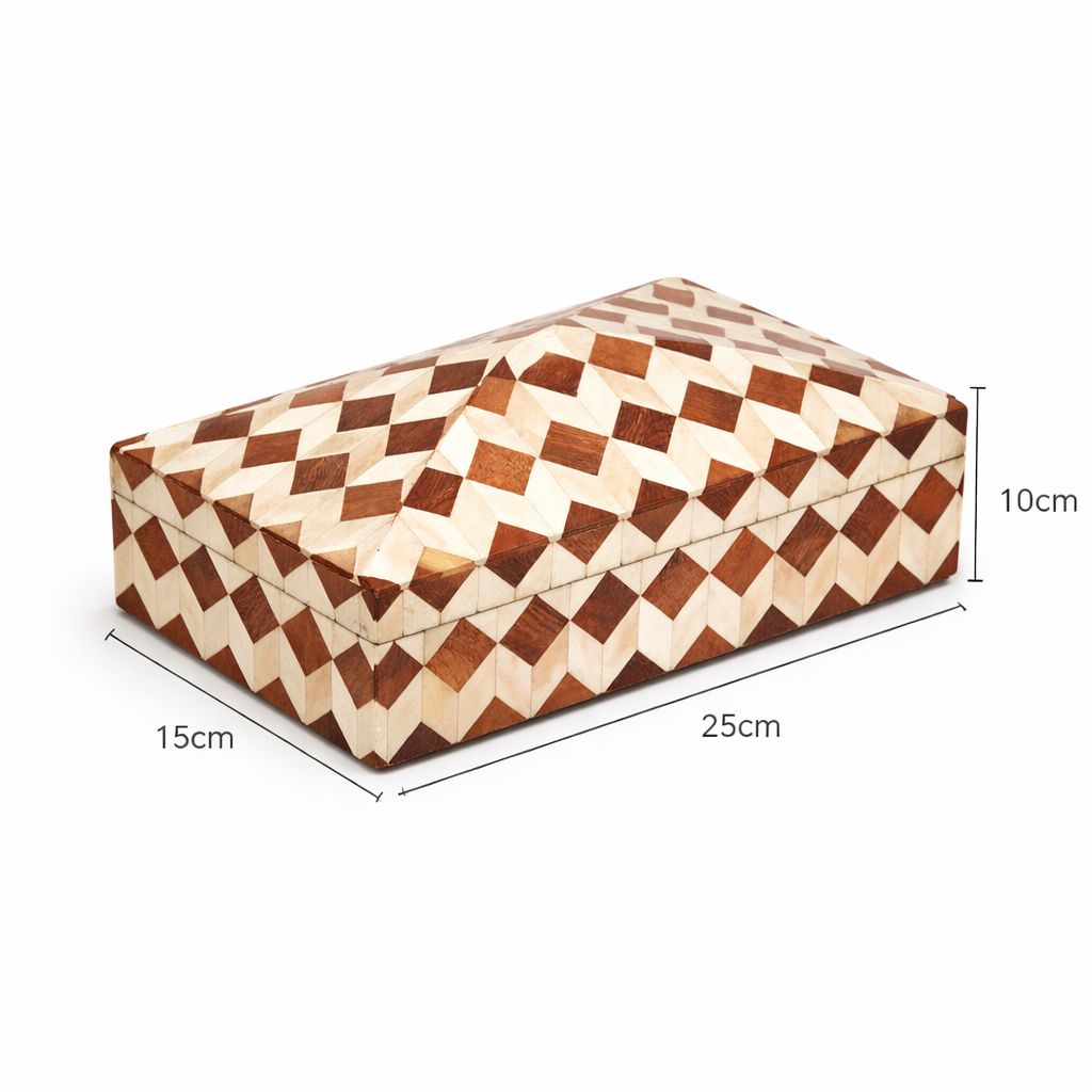 Handcrafted Diamond Pattern Bone Inlay Storage Box Brown