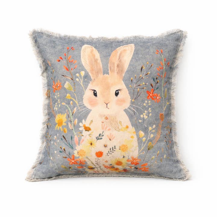 Embroidered Cotton Cushion- Rabbit Floral Design- 45x45 cm