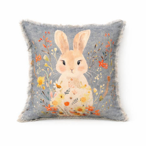 Embroidered Cotton Cushion- Rabbit Floral Design- 45x45 cm