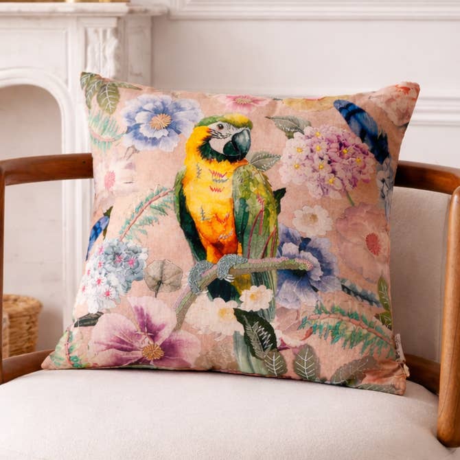 Tropical Parrot Floral Cushion- Cotton Embroidered 45x45cm