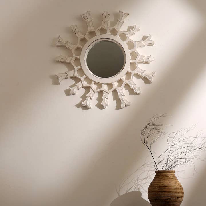 Hand-Carved Metallic Wood Sunburst Wall Mirror