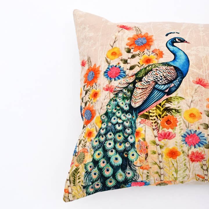 Floral Lumbar Cushion – Peacock Design– 40x60 cm