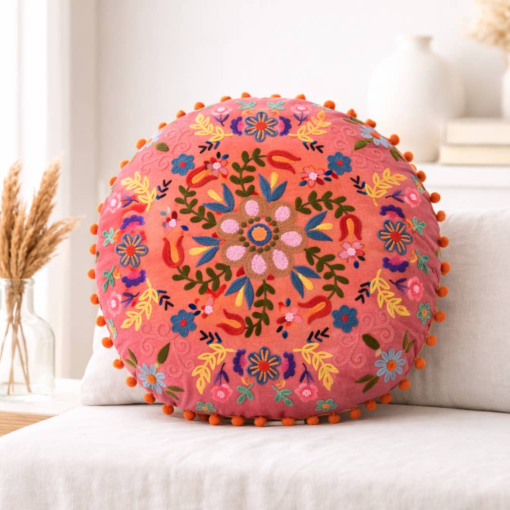 Embroidered Cotton Cushion- Floral Design- 50x50 cm
