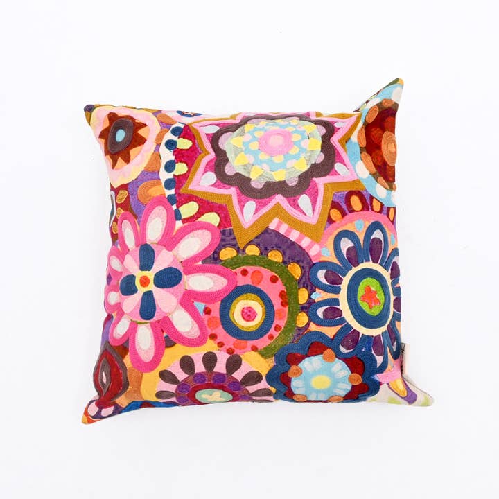 Embroidered Cotton Cushion- Abstract Floral Design- 45x45 cm