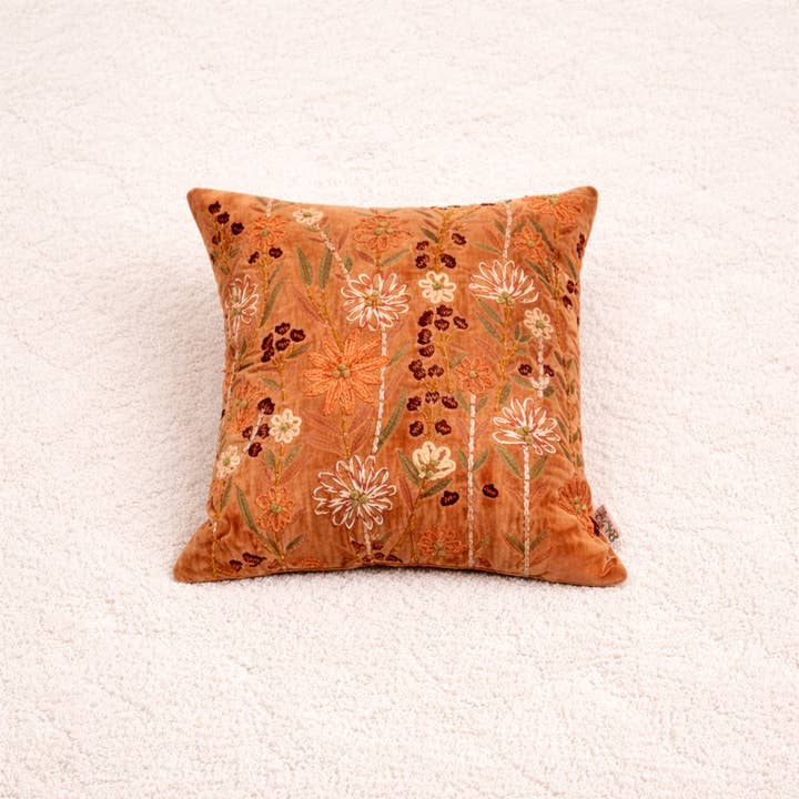 Peach Floral Embroidered Cotton Velvet Cushion 45x45 cm