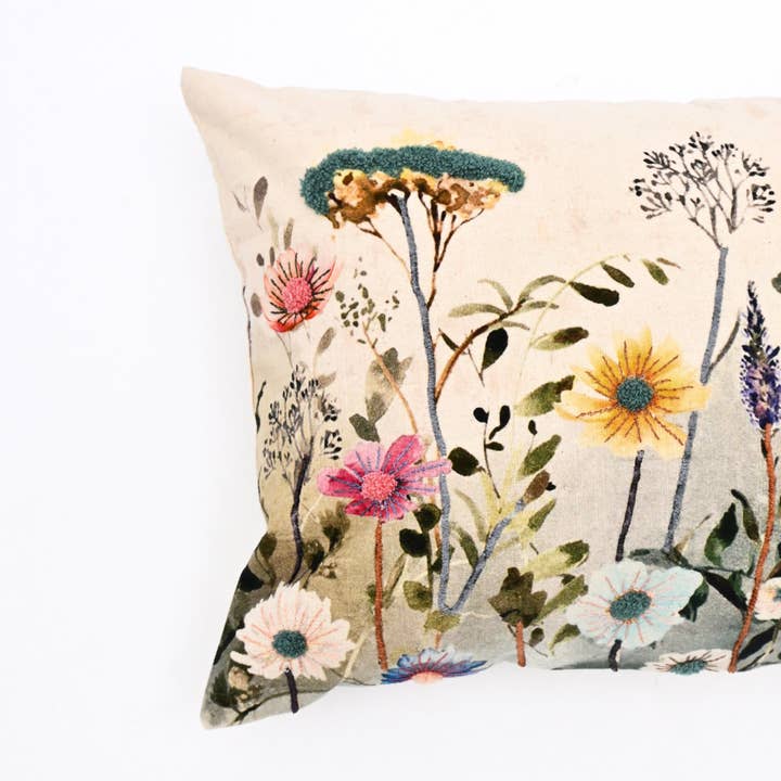 Spring Botanical Embroidered Lumbar Cushion-40x60 cm