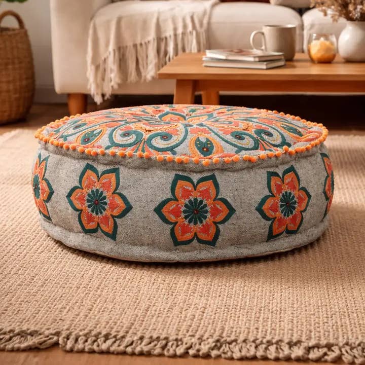 Mandala Embroidered Cotton Floor Cushion 60cm