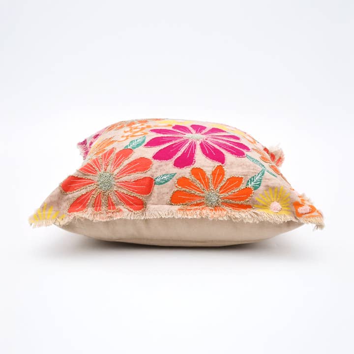 Embroidered Cotton Cushion- Neon Floral Design- 45x45 cm