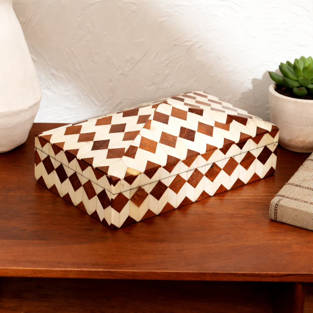 Handcrafted Diamond Pattern Bone Inlay Storage Box Brown