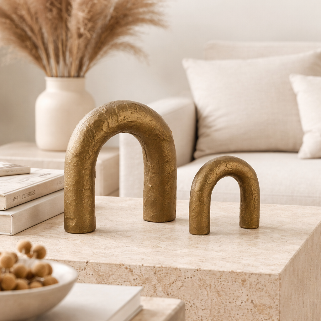 Modern Aluminium Arch Sculpture | Gold Tabletop Decor Set