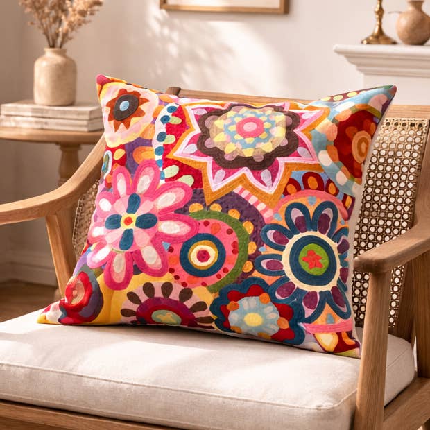 Embroidered Cotton Cushion- Abstract Floral Design- 45x45 cm