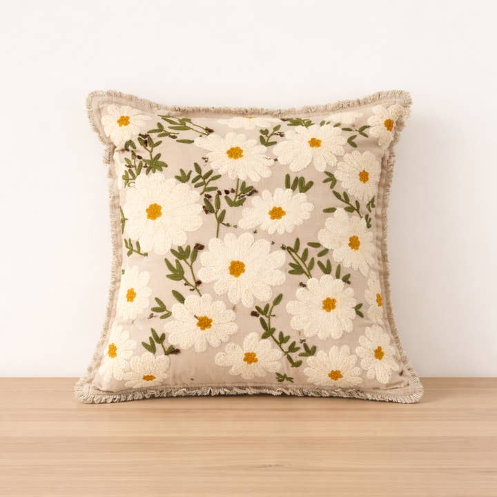 Embroidered Cotton Cushion- Flora Daisy Design- 45x45 cm