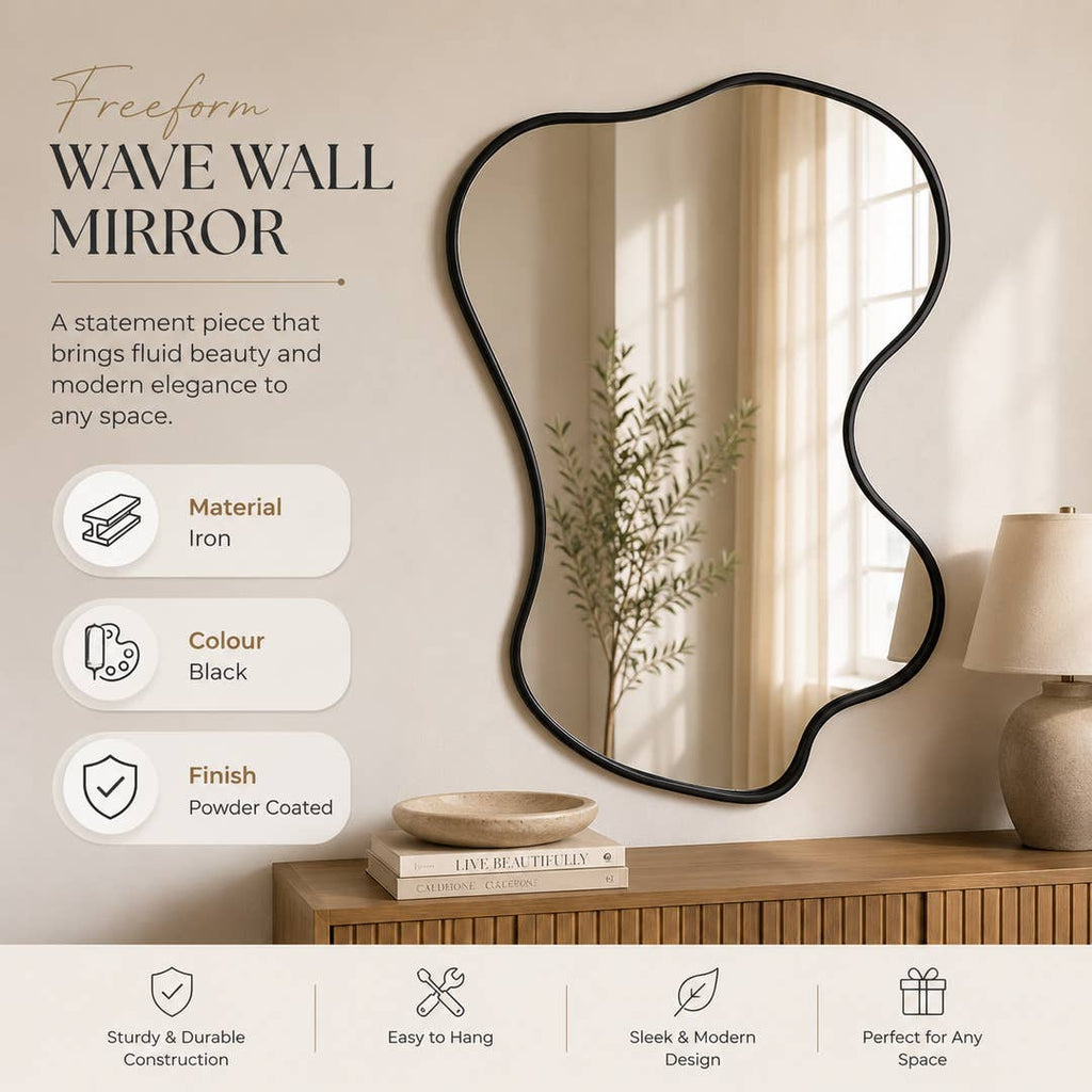 Freeform Wave Wall Mirror | Black Metal Frame 192cm