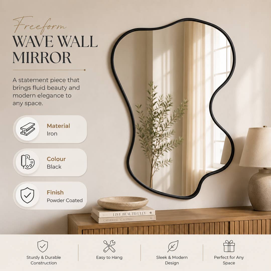 Freeform Wave Wall Mirror | Black Metal Frame 192cm