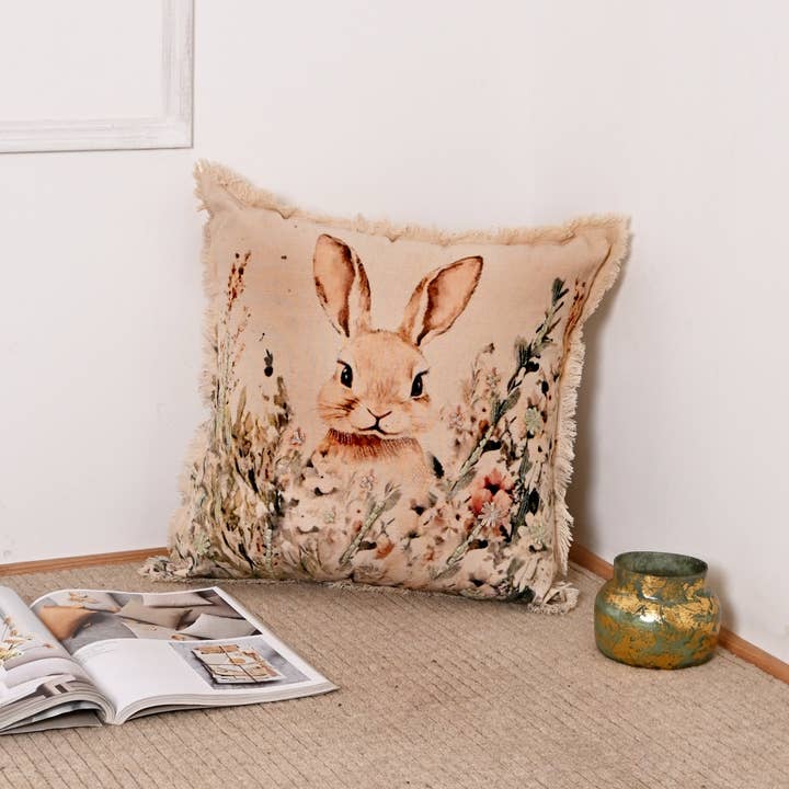 Embroidered Cotton Cushion- Bunny Floral Design- 45x45 cm