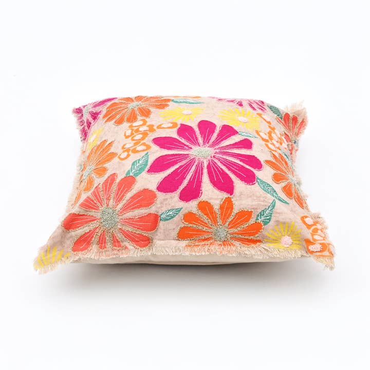 Embroidered Cotton Cushion- Neon Floral Design- 45x45 cm