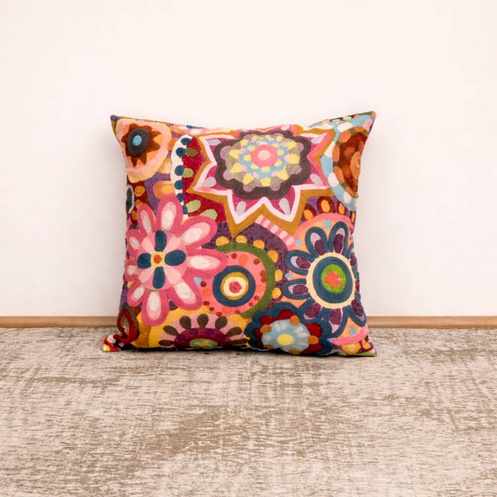 Embroidered Cotton Cushion- Abstract Floral Design- 45x45 cm