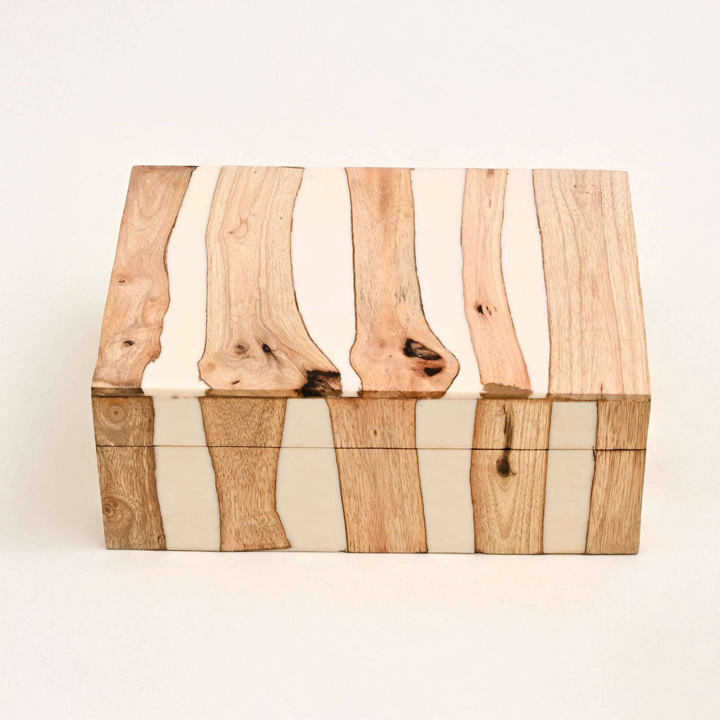 Handcrafted White Striped Wooden Box Brown Natural Finish